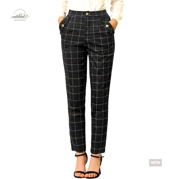 Pants - Vintage Tartan Plaid Pants Elastic Waist Straight Leg Trousers Casual Wear